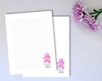 Pink Floral Printable Stationery Paper, Decorative Writing Paper, Lined & Unlined Notepaper, US Letter / A4, Instant Download