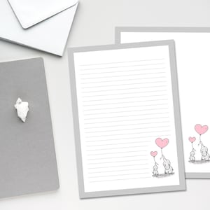 Lindo elefante con papelería de globo de corazón, papel de escritura decorativo, papel de notas forrado y sin forro, carta/A4/A5/media letra, descarga instantánea