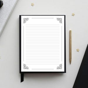 Minimalistyczne materiały piśmiennicze do druku, prosty papier do pisania, papier listowy w linie/bez linii, czarno-złoty, format US Letter/A4, natychmiastowe pobieranie plików PDF