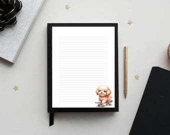 Happy Puppy Printable Stationery, Animal Writing Paper, Journal Page, Lined/Unlined Notepaper, US Letter/A4, Instant PDF Download