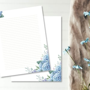 Cancelleria stampabile floreale blu, carta da lettere ortensia, carta per diario, carta per appunti foderata e sfoderata, lettera USA / A4, download istantaneo