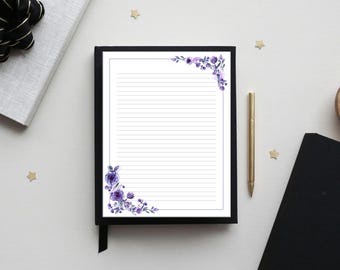 Carta da lettere stampabile con motivi floreali viola, carta da lettere botanica, pagina di diario, carta da lettere a righe/senza righe, formato lettera USA/A4, download PDF immediato