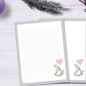Linda jirafa con papelería de globo de corazón, papel de escritura decorativo, papel de notas forrado y sin forro, carta/A4/A5/media carta, descarga instantánea