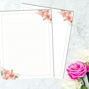 Papel de papelaria para impressão Red Zinnia, papel para escrever floral rosa, papel para cartas forrado e sem forro, carta EUA / A4, download instantâneo