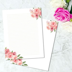 Pink Rose Printable Stationery, Floral Writing Paper, Decorative Journal Paper, Lined & Unlined Notepaper, US Letter / A4, Instant Download image 2