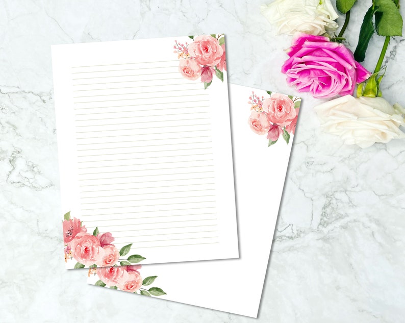 Pink Rose Printable Stationery, Floral Writing Paper, Decorative Journal Paper, Lined & Unlined Notepaper, US Letter / A4, Instant Download image 2