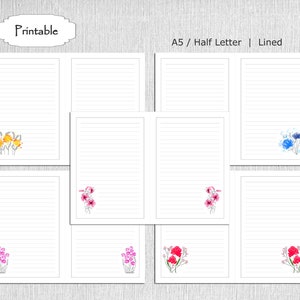 Conjunto de papel de notas imprimible floral de acuarela, 5 diseños, A5 / media carta, forrado y sin forro, papel de diario, cuaderno DIY, descarga instantánea