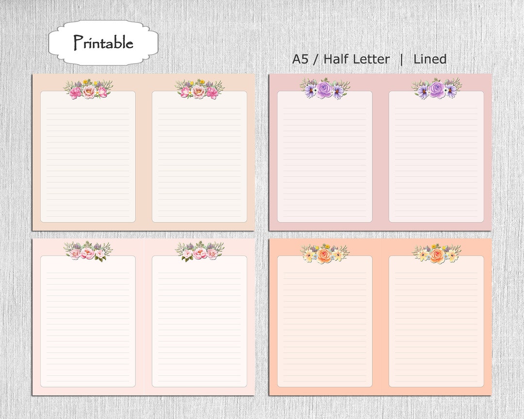 Rose Printable Notepaper Set, 4 Designs, A5 / Half Letter, Lined ...