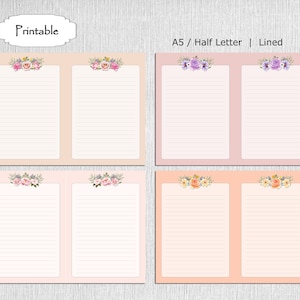 Zestaw papierów do notatek Rose Printable Notepaper Set, 4 wzory, A5 / Half Letter, strony w linie i bez, papier do dziennika, notatnik DIY, natychmiastowe pobranie