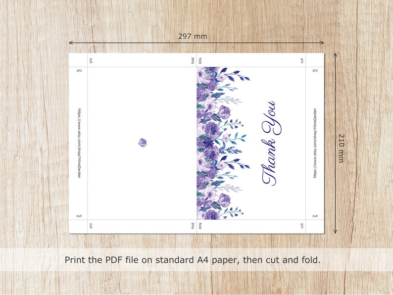 Purple Floral Printable Thank You Card, Foldable Greeting Card, 7 X 5