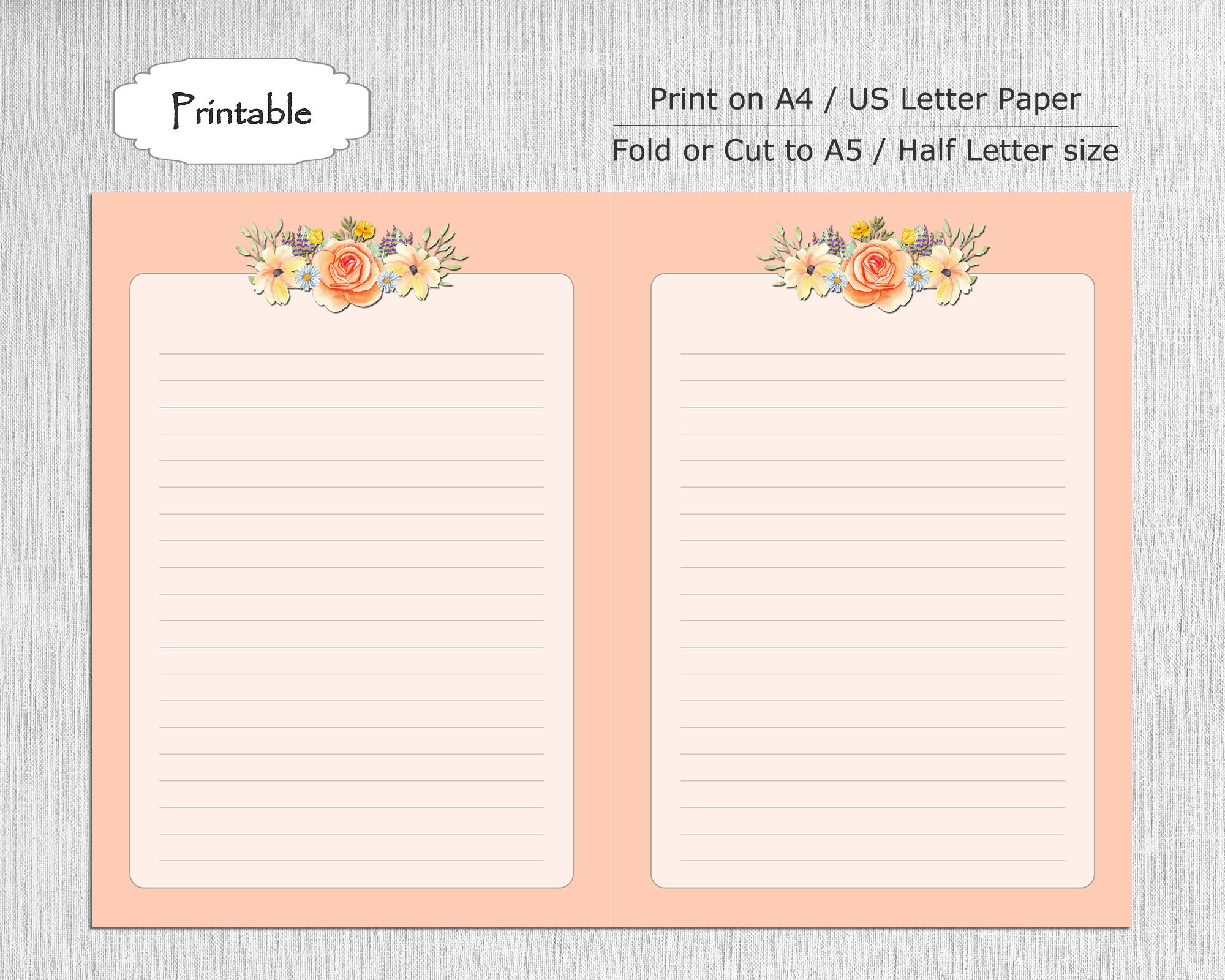 Rose Paper Notes Rose Printable Notepaper Set, 4 Designs, A5 / Half Letter, Lined ...