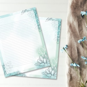 Papelaria para impressão de nenúfar, papel para escrever floral, papel para cartas forrado e sem forro, carta EUA / A4 / A5 / meia letra, download instantâneo