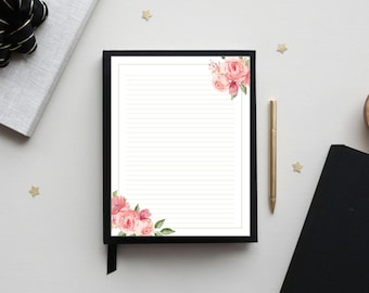 Rosa Rose Briefpapier zum Ausdrucken, Blumen Schreibpapier, Botanische Journal Seite, Liniertes/Unliniertes Notizpapier, US Letter/A4, sofortiger PDF Download