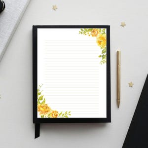 Papelería imprimible con rosas amarillas, papel floral para escribir, página de diario, papel rayado/sin rayar, tamaño carta/A4, descarga instantánea en PDF.