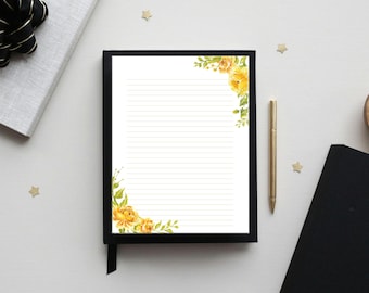 Papier listowy do druku z motywem żółtej róży, papier do pisania w kwiaty, strona do dziennika, papier listowy w linie/bez linii, format US Letter/A4, natychmiastowe pobieranie plików PDF