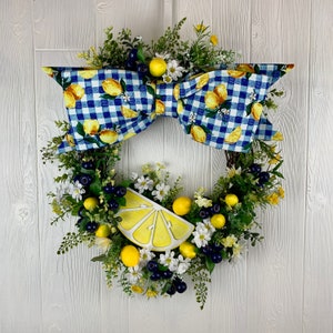 Lemon Wreath, Lemon Blueberry Wreath, Big Bow Wreath, Summer Lemon Wreath, Lemon Kitchen Wreath, Blueberry Wreath