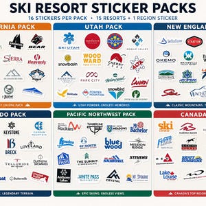 May include: A collection of ski resort sticker packs, each featuring logos from various resorts. Packs include California, Utah, New England, Colorado, Pacific Northwest, and Canada. Each pack contains 16 stickers, perfect for ski enthusiasts.