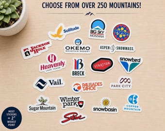 Ski Mountain resort helmet or water bottle stickers, 1.5”-2.5” Ski, snowboard, mountain biking or hiking decals, ski lovers gifts