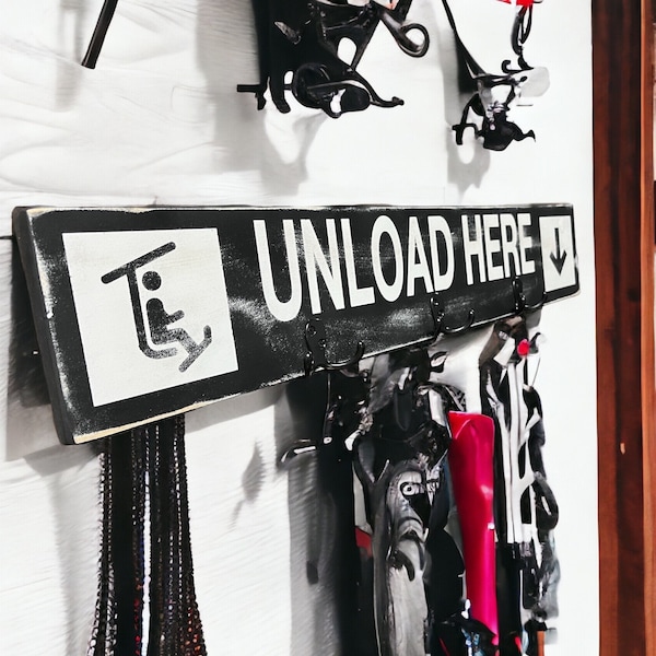 Unload Here Ski Sign Coat Hanger, entryway ski gear with hooks, ski lodge decor, ski lovers gifts, custom wood ski sign, mudroom organizer