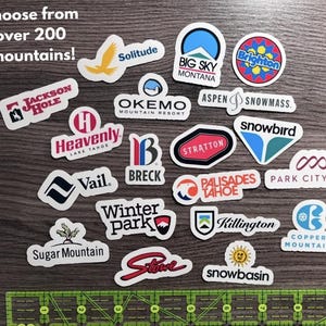 Ski Mountain resort helmet stickers, 1.5”-3” water bottle snowboard, mountain biking, hiking decals, ski lovers gifts, ski resort sticker