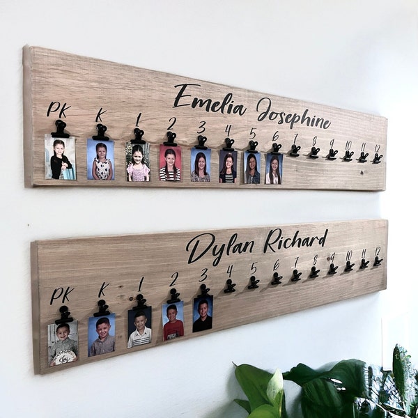 School picture board with metal clips, wood personalized K-12 school photo display, picture frame for wallet size pictures, back to school