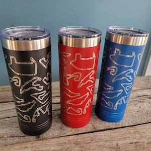 World Championship Racing engraved stainless steel tumbler with engraved circuits, World Championship Racing gift insulated tumbler