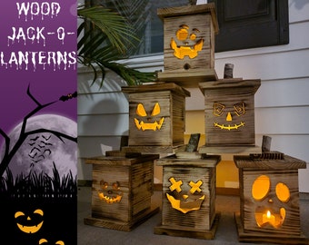 Spooky Face Jack o Lantern Rustic Halloween Decoration with LED Tea Light Lantern, Flickering Candle Effect, Halloween Decor