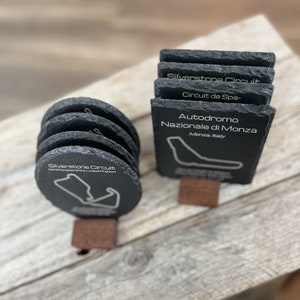 Formula 1 Grand Prix customized coaster set with laser engraved circuits and holder