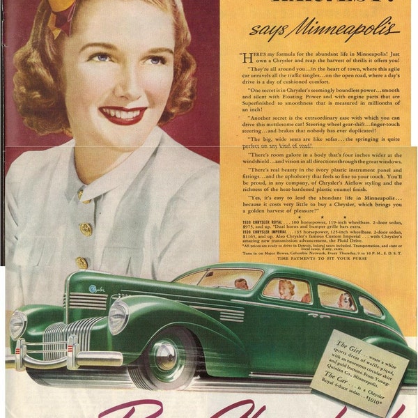 Vintage 1939 Chrysler Royal 4 Door Sedan Emerson Electric Print Ad Colliers Magazine 7/15/1939