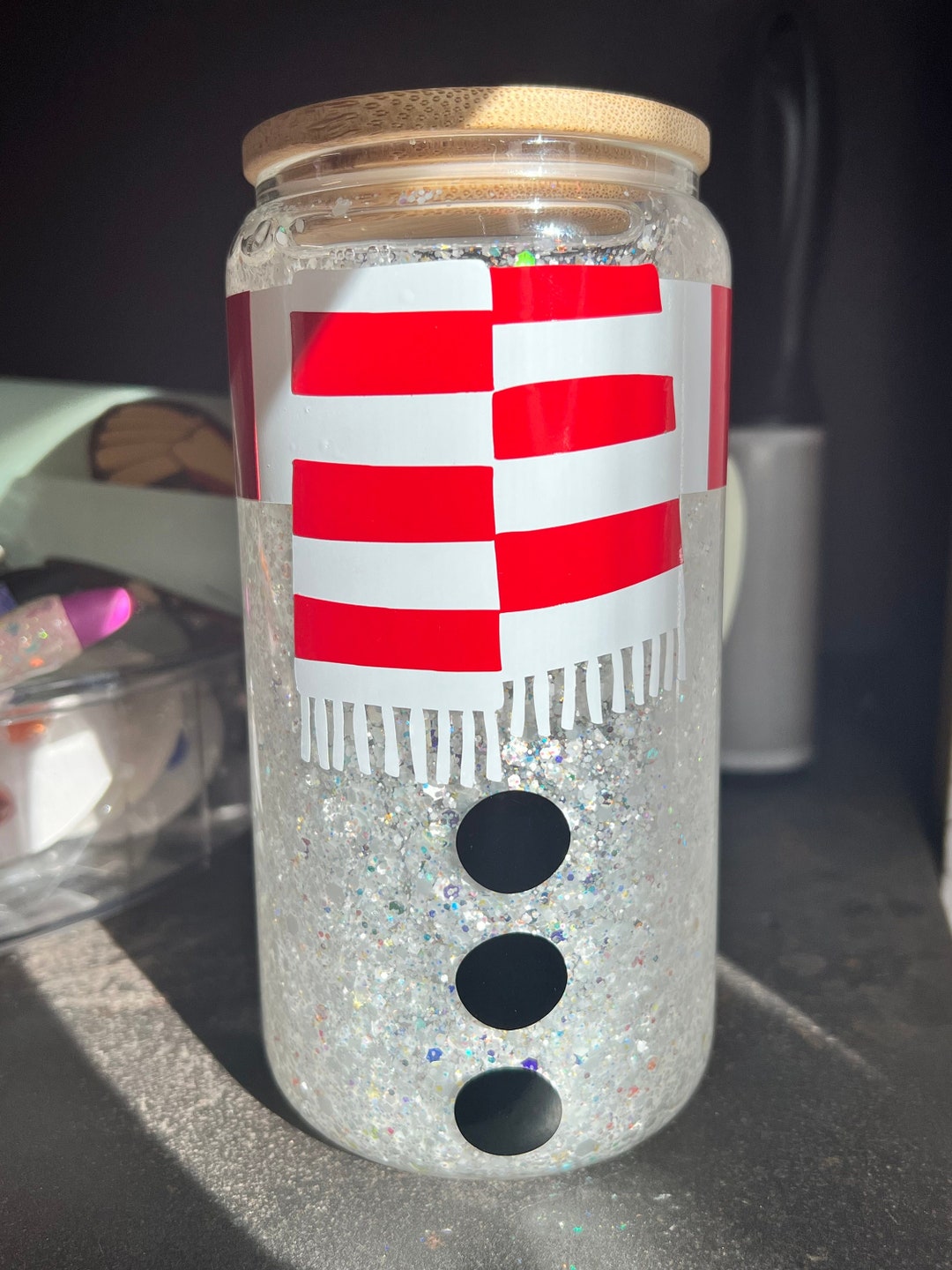 Snowman Snow Globe Glass Can Tumbler Etsy