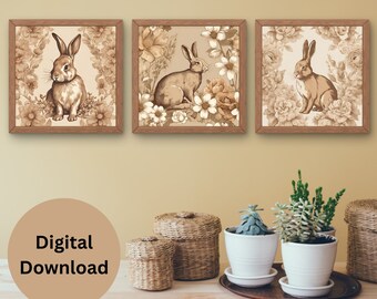 Printable Vintage Easter Print, Vintage Easter Bunny, Spring Wall Decor, Vintage Spring Art, Spring Decor, 3 Piece Art, Vintage Wall Art