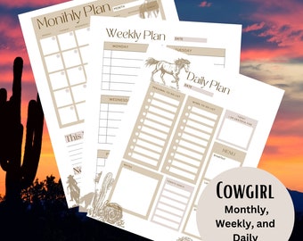 Könnte beinhalten: Ein druckbares Planer-Set mit Cowgirl-Thema. Das Set enthält einen Monats-, Wochen- und Tagesplaner. Jede Seite verfügt über ein braunes und weißes Farbschema mit einem Western-inspirierten Design.