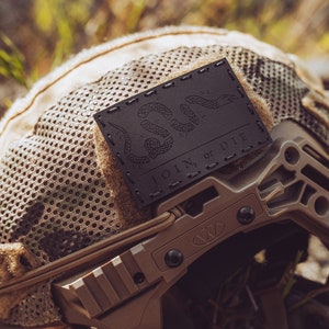 Leather Patch | Join or Die Patch | Morale Patch | Military | Airsoft | Hook Backing | Laser Engraved | 5x3" | Gift for Him Black/Black Thread