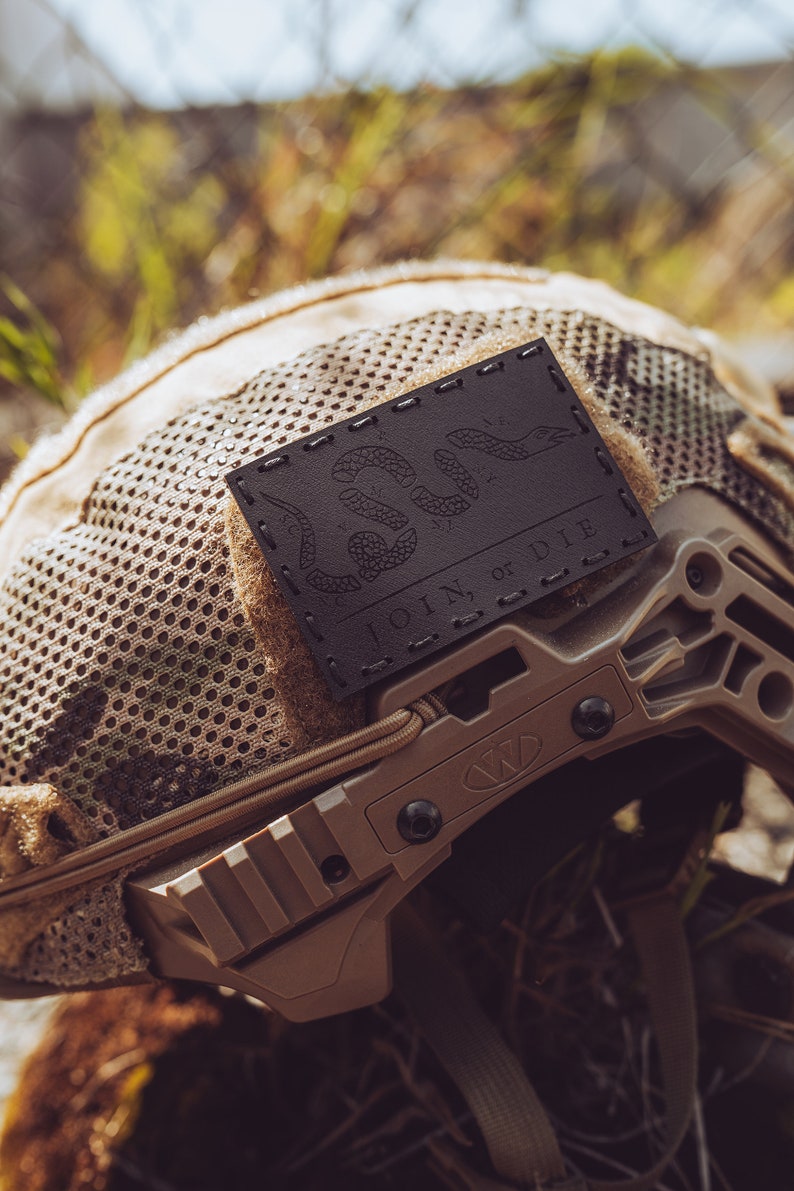 Leather Patch | Join or Die Patch | Morale Patch | Military | Airsoft | Hook Backing | Laser Engraved | 5x3" | Gift for Him Black/Black Thread