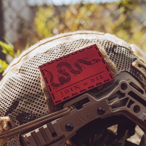 Leather Patch | Join or Die Patch | Morale Patch | Military | Airsoft | Hook Backing | Laser Engraved | 5x3" | Gift for Him Red/Black Thread