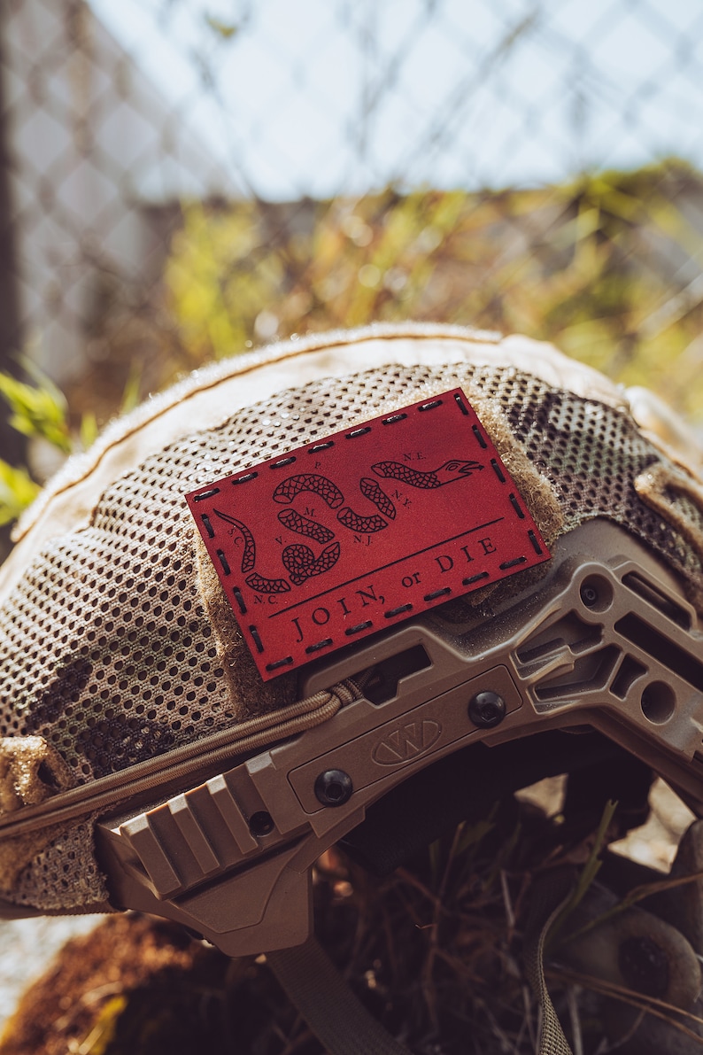 Leather Patch | Join or Die Patch | Morale Patch | Military | Airsoft | Hook Backing | Laser Engraved | 5x3" | Gift for Him Red/Black Thread