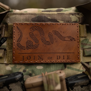 Leather Patch | Join or Die Patch | Morale Patch | Military | Airsoft | Hook Backing | Laser Engraved |  5x3" | Gift for Him