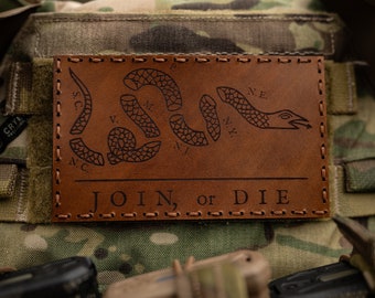 Leather Patch | Join or Die Patch | Morale Patch | Military | Airsoft | Hook Backing | Laser Engraved |  5x3" | Gift for Him