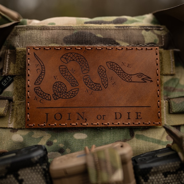 Leather Patch | Join or Die Patch | Morale Patch | Military | Airsoft | Hook Backing | Laser Engraved |  5x3" | Gift for Him