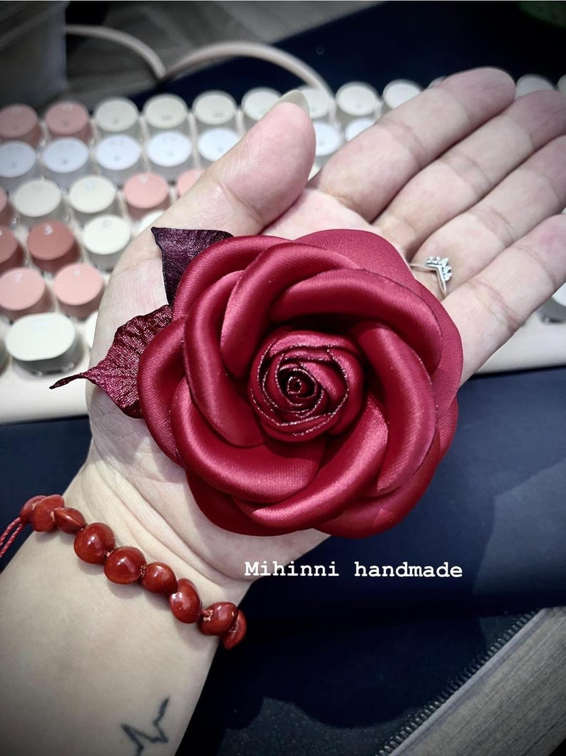 thumbnail image 2 of Handmade Red Camellia Flower Brooch Pin – Fabric Flower With Metal Alloy, New With Tags 2 of 3