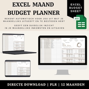 May include: Digital Excel budget planner with the text "EXCEL MAAND BUDGET PLANNER". The image shows a laptop, tablet, and desktop computer displaying budget sheets. The text "EXCEL BUDGET SHEET" is also visible.
