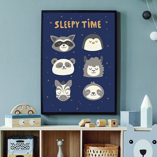 Night Sky SLEEPY TIME hand illustrated animal art for childrens room, nursery, play room, DOWNLOADABLE