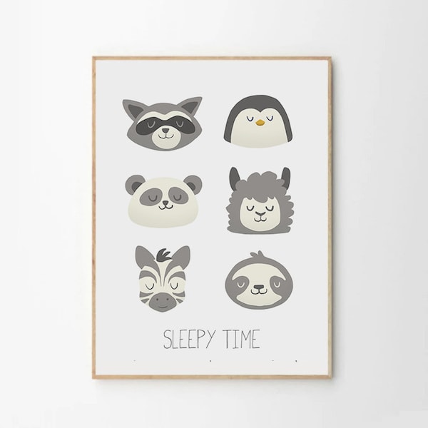 SLEEPY TIME hand illustrated animal art for childrens room, nursery, play room, DOWNLOADABLE