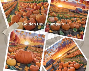 Clipart de calabazas al atardecer – Paquete PNG de paisajes otoñales – Imágenes prediseñadas de granja otoñal para sublimación, manualidades y planificación