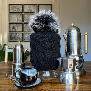 Handcrafted Luxurious Black Alpaca Knit Hat with Fur Pom