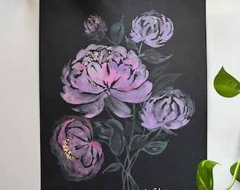 ORIGINAL Floral Peony Bouquet Black Paper Watercolor and Gouache Painting, 8x10 inches