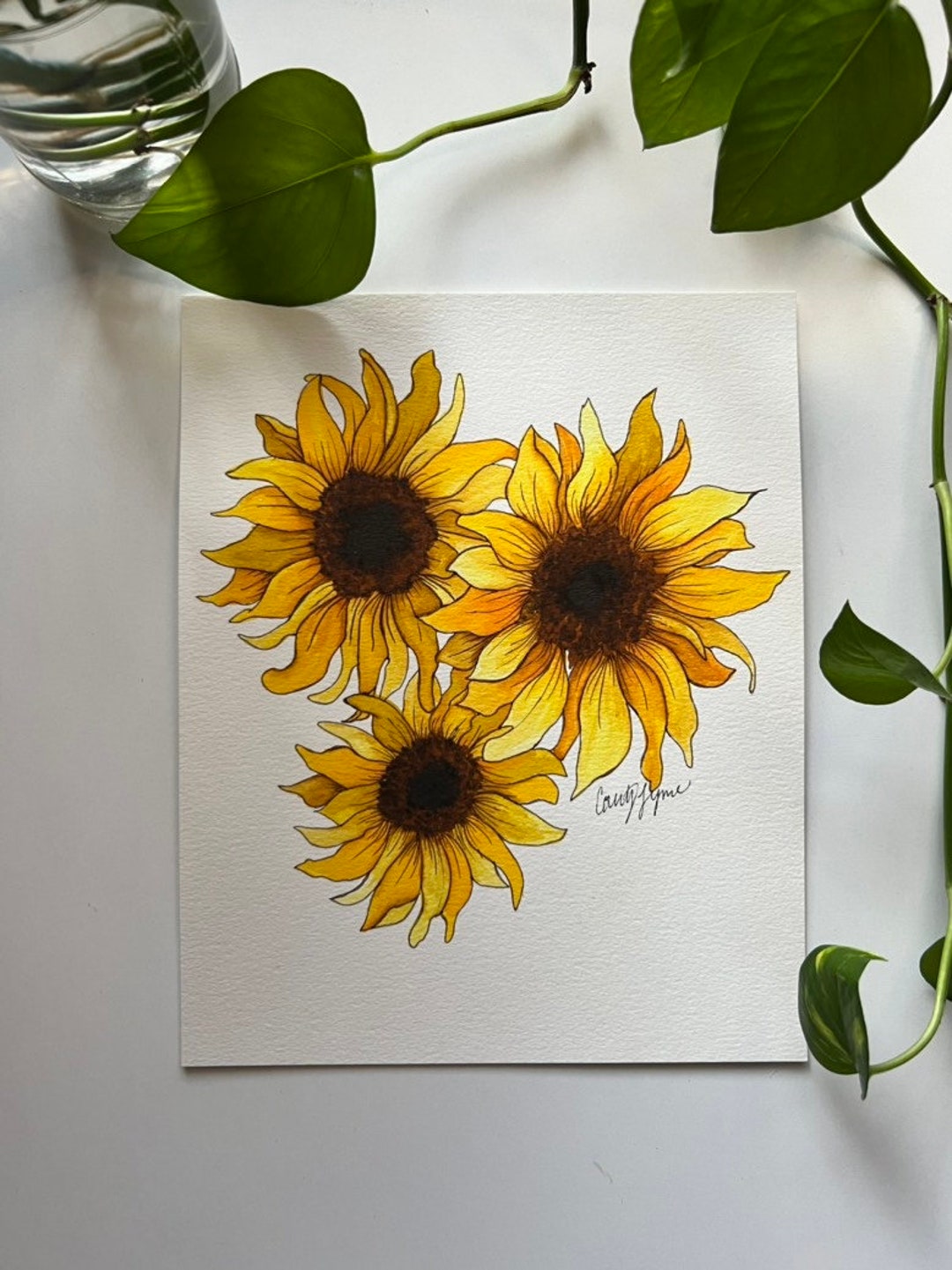 ORIGINAL Sunflower Watercolor Brush Pen Painting 8x10 Inches Etsy