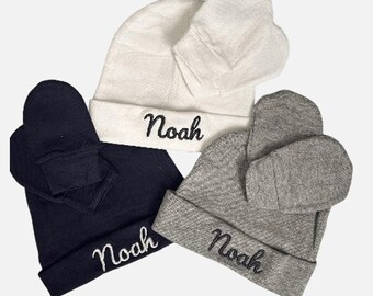 Embroidered Beanie Hat for Infants with Mittens for Girls and Boys