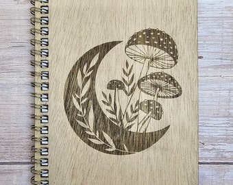 Moon and Mushroom Notebook, Journal, Mushroom art, Wood Cover, Personalized, Engraved, Easter Gift, Easter Basket