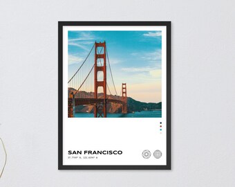 Póster de ciudad minimalista de color enmarcado de San Francisco / Póster de ciudad minimalista / Decoración de pared moderna / Impresión de ciudad moderna / Arte de estilo vintage urbano